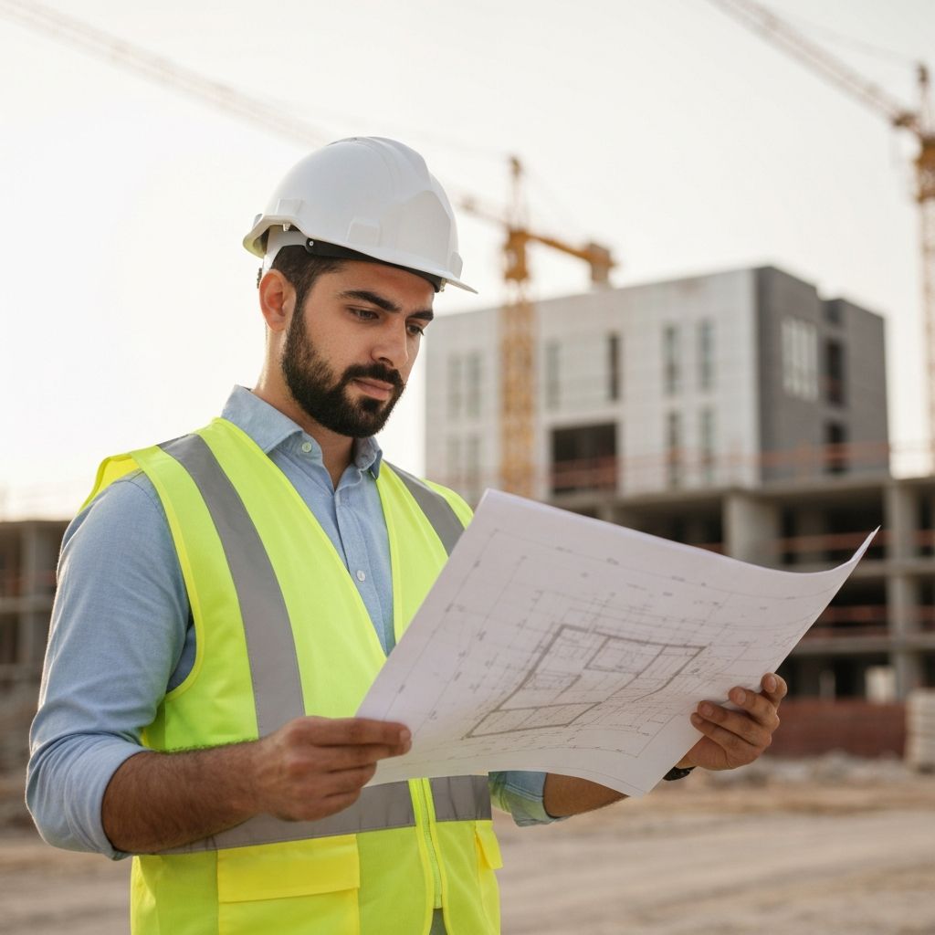 Construction professional reviewing blueprints